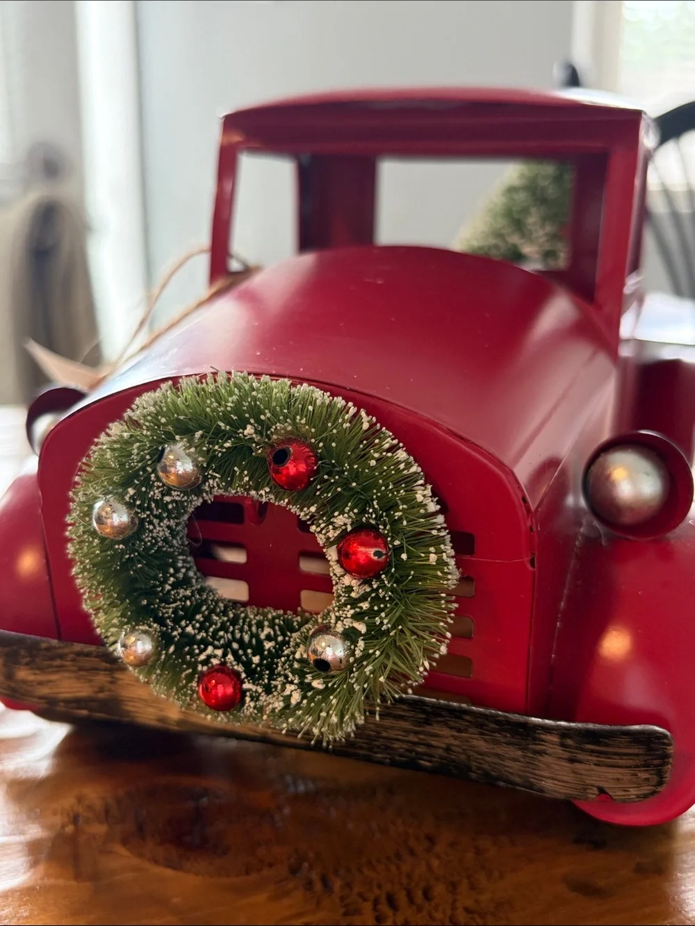 Red Holiday Metal Truck Decor with Wreath - Rustic Home Holiday Accent
